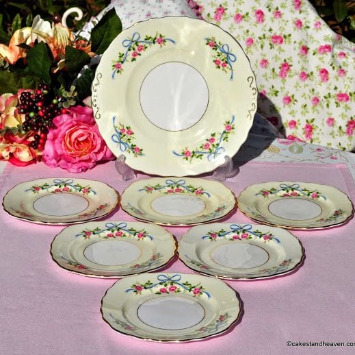 Colclough Blue Ribbons & Pink Roses 7 Piece Cake Serving Set