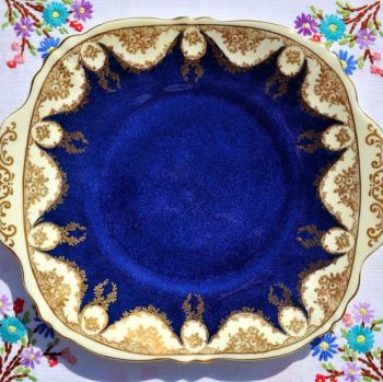 Antique Crown Staffordshire Blue and Gold China Cake Plate c.1906+