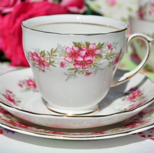 Duchess Pink Floral Bone China Teacup Trio c.1950s
