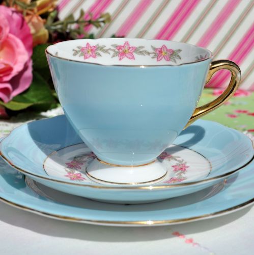 Gladstone Pale Blue Vintage China Tea Cup Trio c.1950s