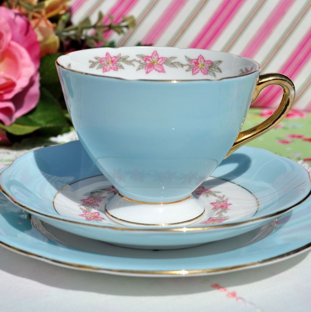 Gladstone Pale Blue Vintage China Tea Cup Trio c.1950s