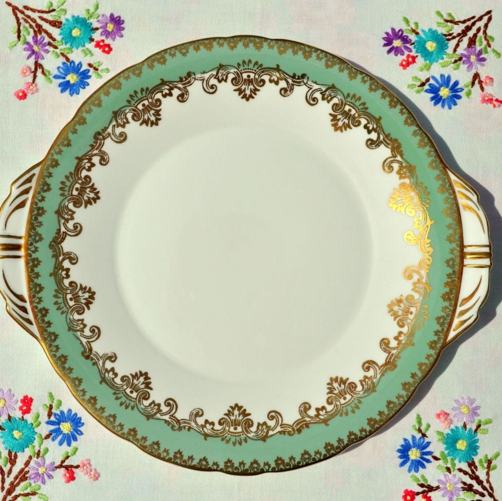 Aynsley Fern Green and Gold Vintage China Cake Plate