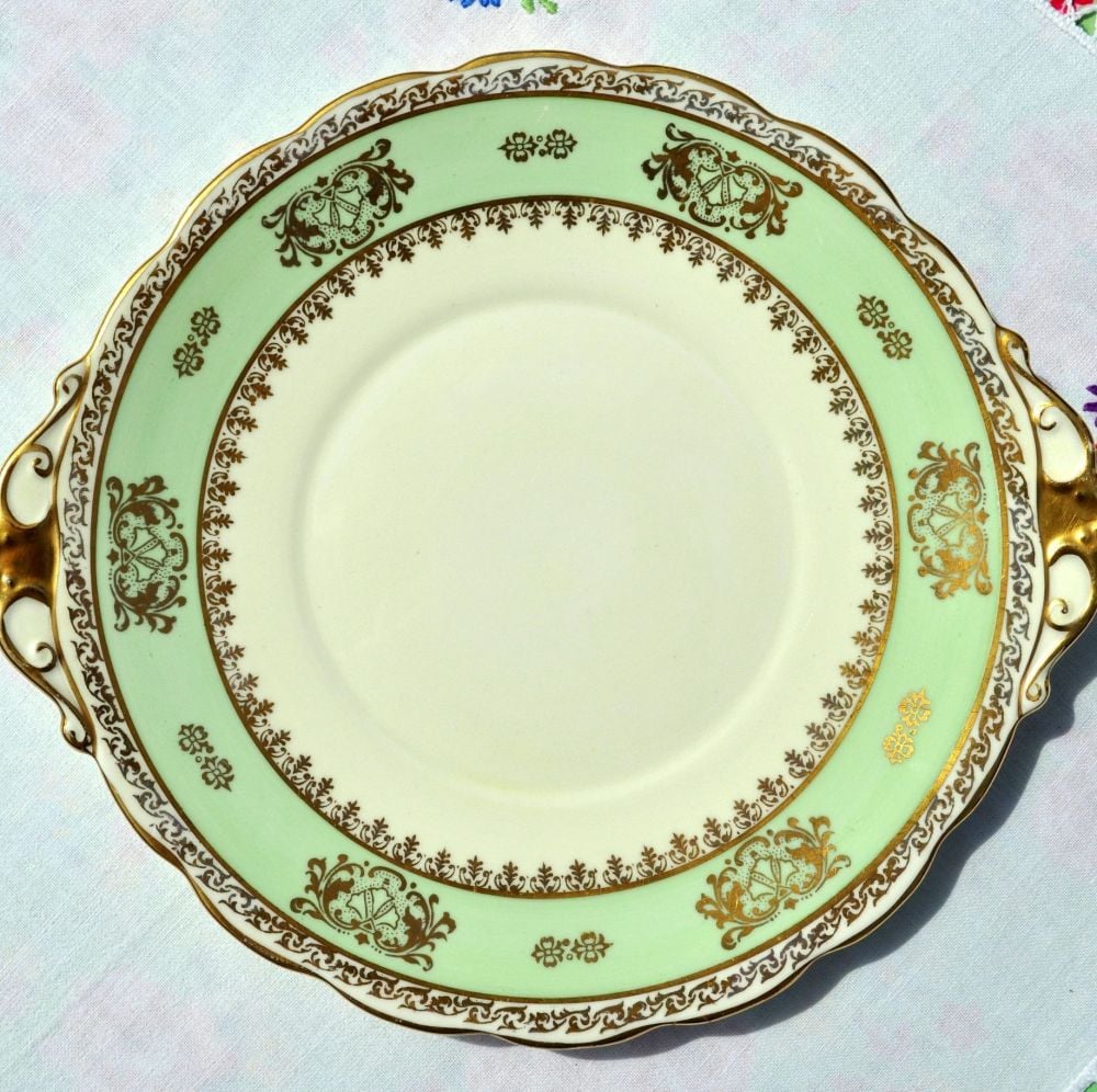 Roslyn Cream, Green and Gold Vintage Cake Plate c. 1950s