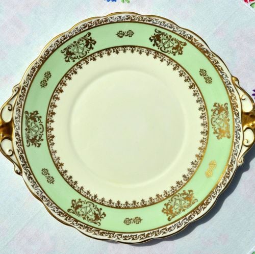 Roslyn Cream, Green and Gold Vintage Cake Plate c. 1950s