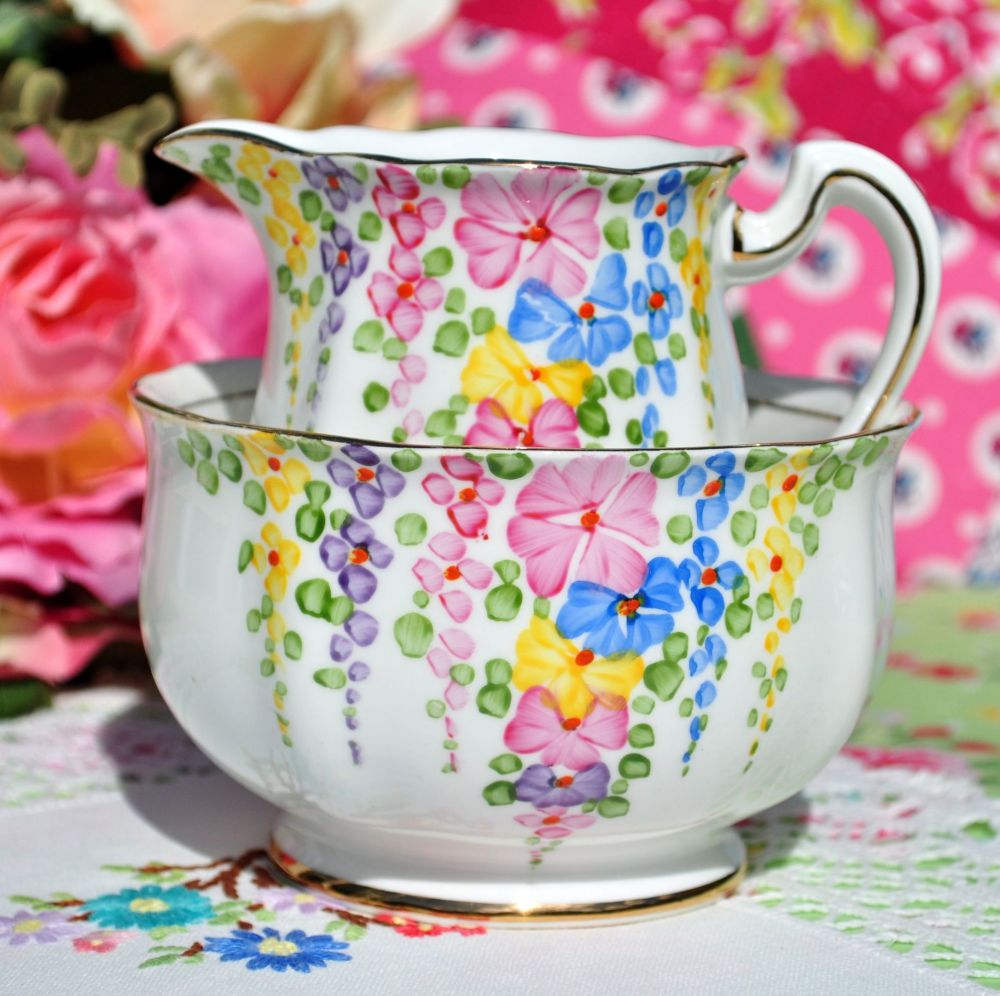 Royal Standard Hollyhock Vintage Milk Jug and Sugar Bowl