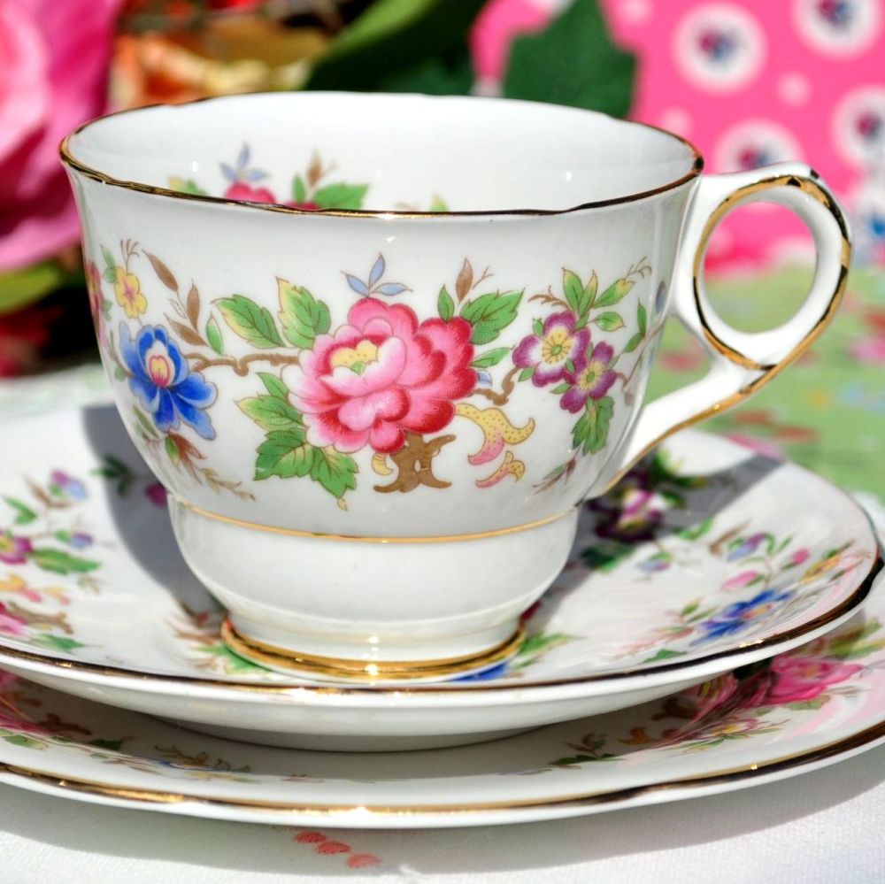 Royal Stafford Rochester Colourful Floral Pattern Tea Cup Trio c.1950s