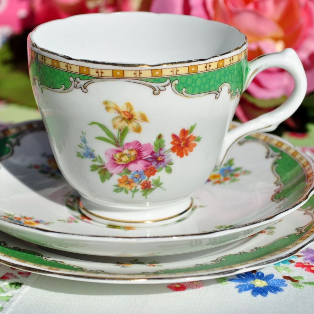 Grosvenor Green and Floral Vintage China Teacup Trio c.1950s