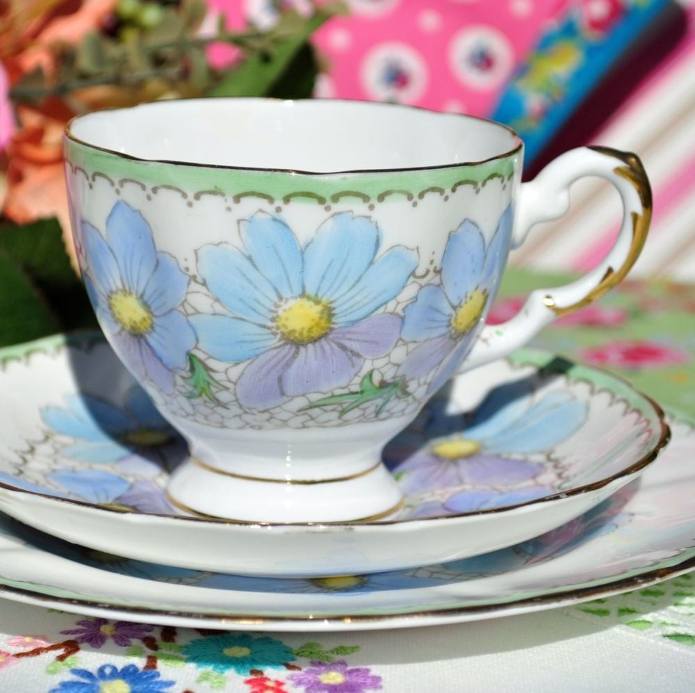Tuscan Hand Painted Blue and Lilac China Teacup Trio c.1936+