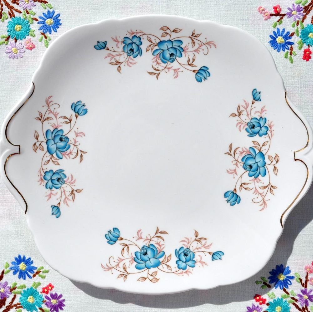 Windsor China Duck Egg Blue Roses Vintage Cake Plate c.1960's