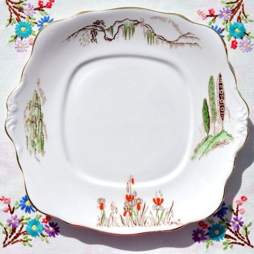 Roslyn China Cypress Tree Art Deco Hand Painted Cake Plate c.1924+