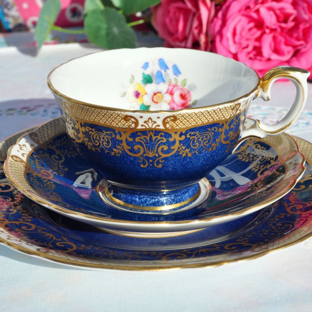Crown Staffordshire Blue and Gold Lace Tea Cup Trio c.1930s