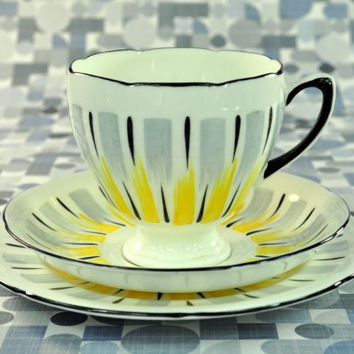 Royal Grafton Retro Black Rim Teacup Trio c.1957+
