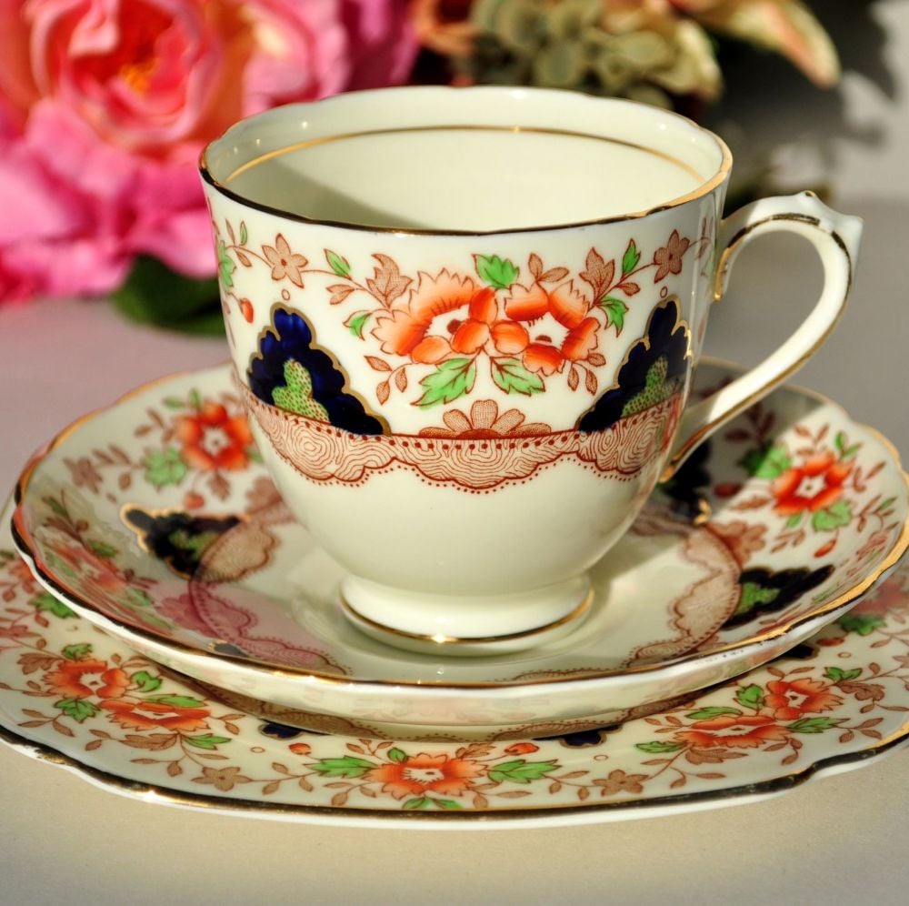 Plant Tuscan Imari Style Teacup, Saucer, Tea Plate Trio. c.1936+