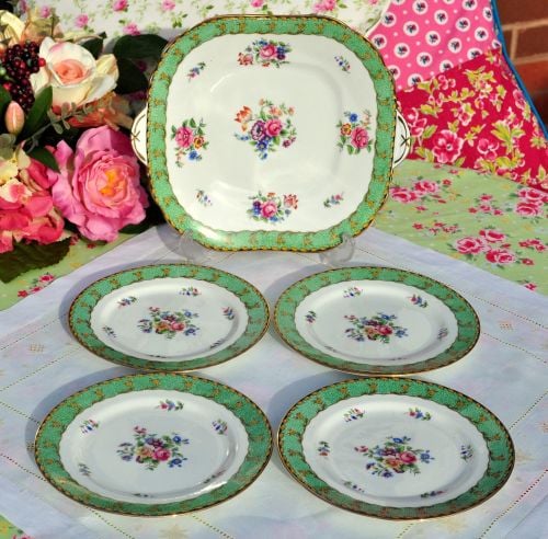 Aynsley Floral Green Border 5 Piece Cake Serving Set c.1920s