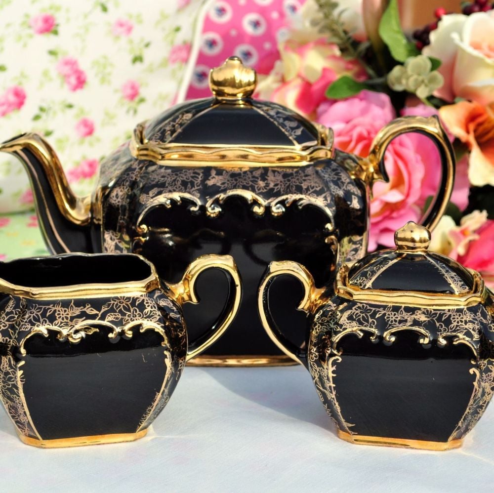 Sadler Black and Gold Filigree Teapot, Sugar Box and Creamer Set c.1947+