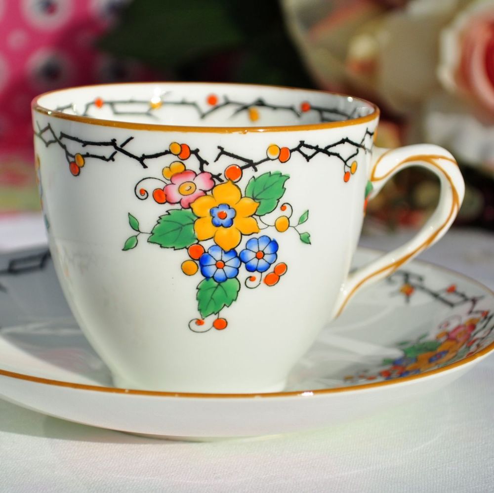 Royal Doulton Flora Art Deco China Teacup and Saucer c.1927