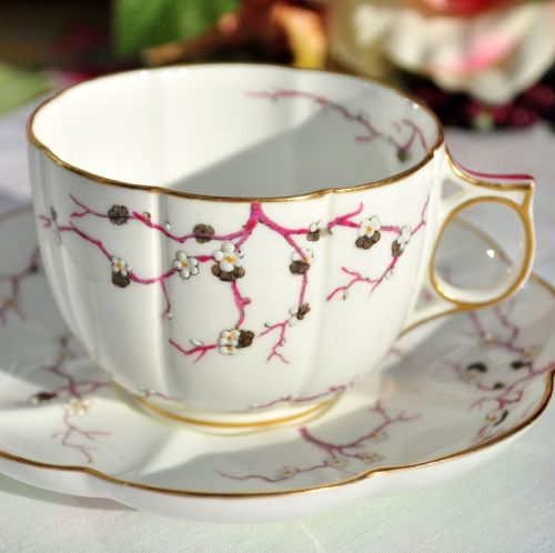 Antique Crescent China Cherry Blossom Fine China Teacup and Saucer c.1874-9