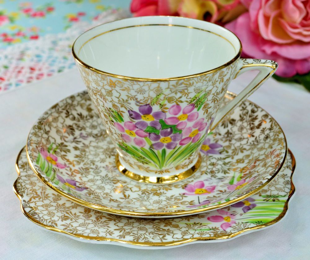 Phoenix China Art Deco Flowers and Gold Filigree Teacup Trio