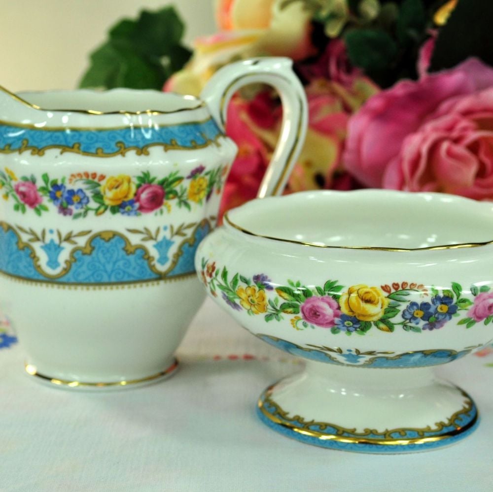 Crown Staffordshire Tunis Blue Milk Jug and Sugar Bowl