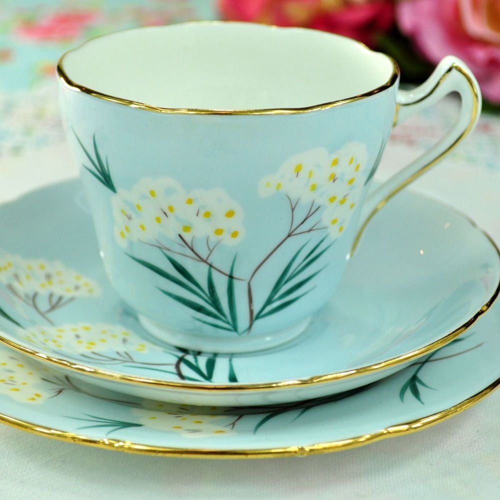 Royal Grafton Pale Blue Floral Teacup Trio. c.1950s