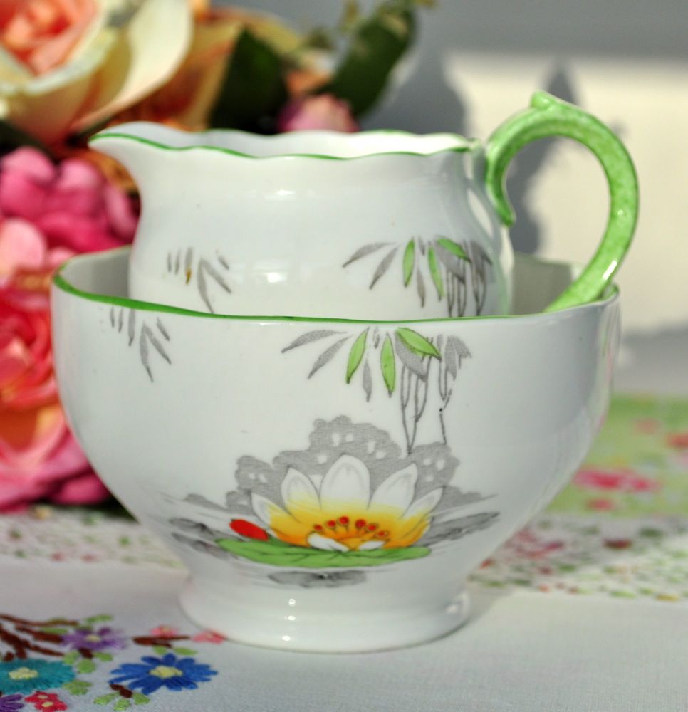 Roslyn Lily Pattern Hand Enamelled Milk Jug and Sugar Bowl c.1937+