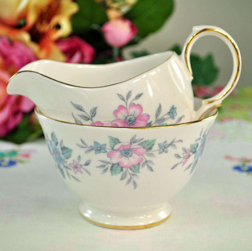 Colclough Coppelia Pastel Blue and Pink Milk Jug and Sugar Bowl