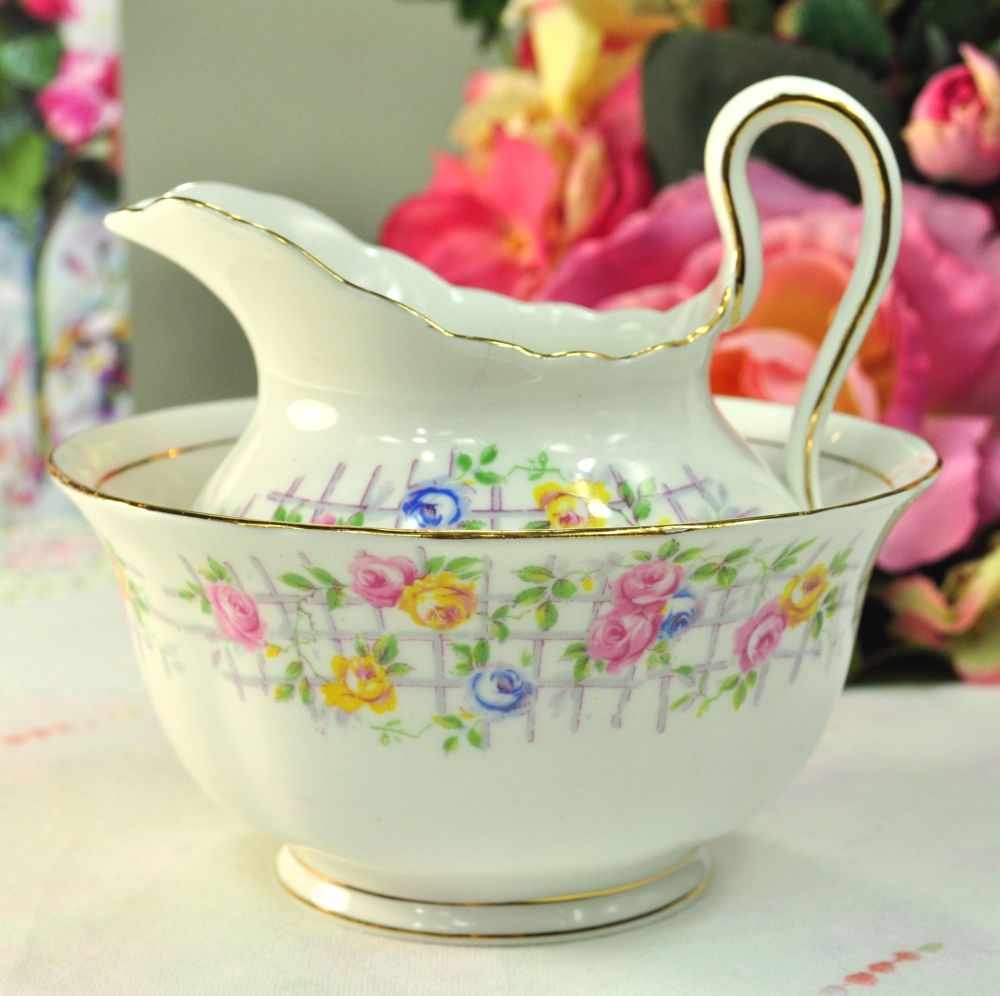 Tuscan China Rose Trellis Milk Jug and Sugar Bowl c.1947+