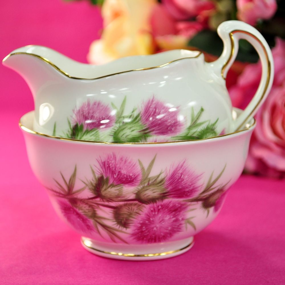 Colclough Pink Thistle Vintage Milk Jug and Sugar Bowl c.1960s