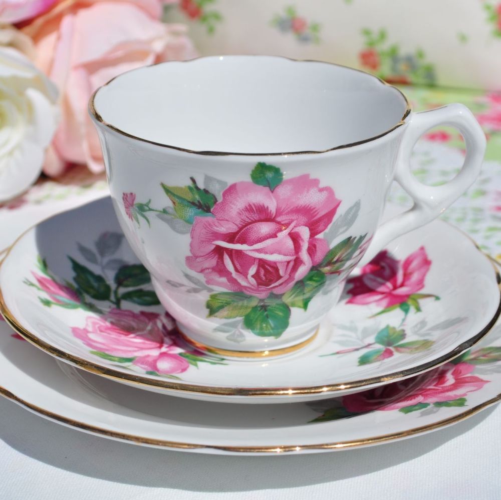 Royal Stafford Pink Rose Vintage Teacup Trio c.1950s