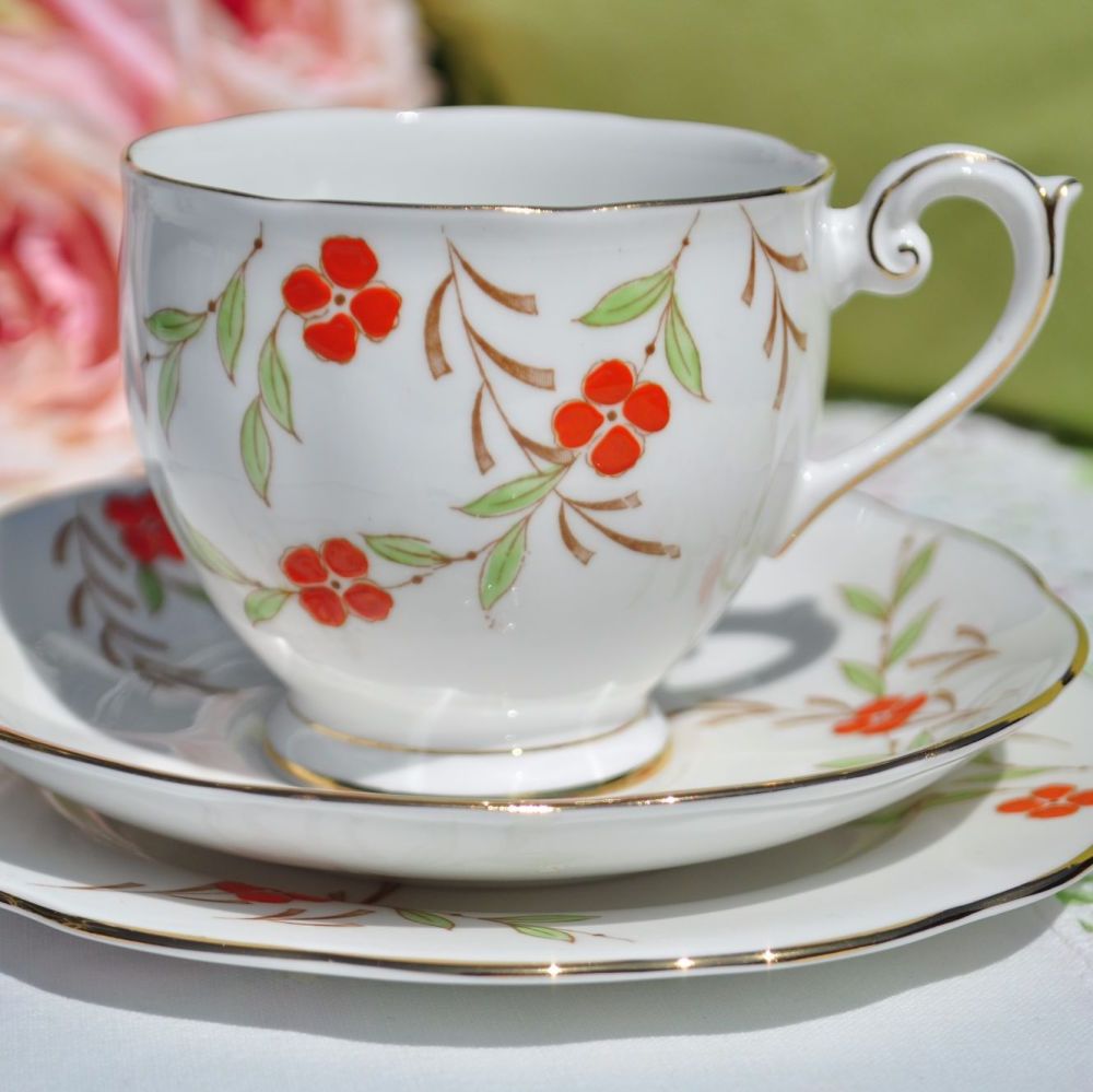 Queen Anne Hand Painted Orange Floral Teacup Trio c.1950s
