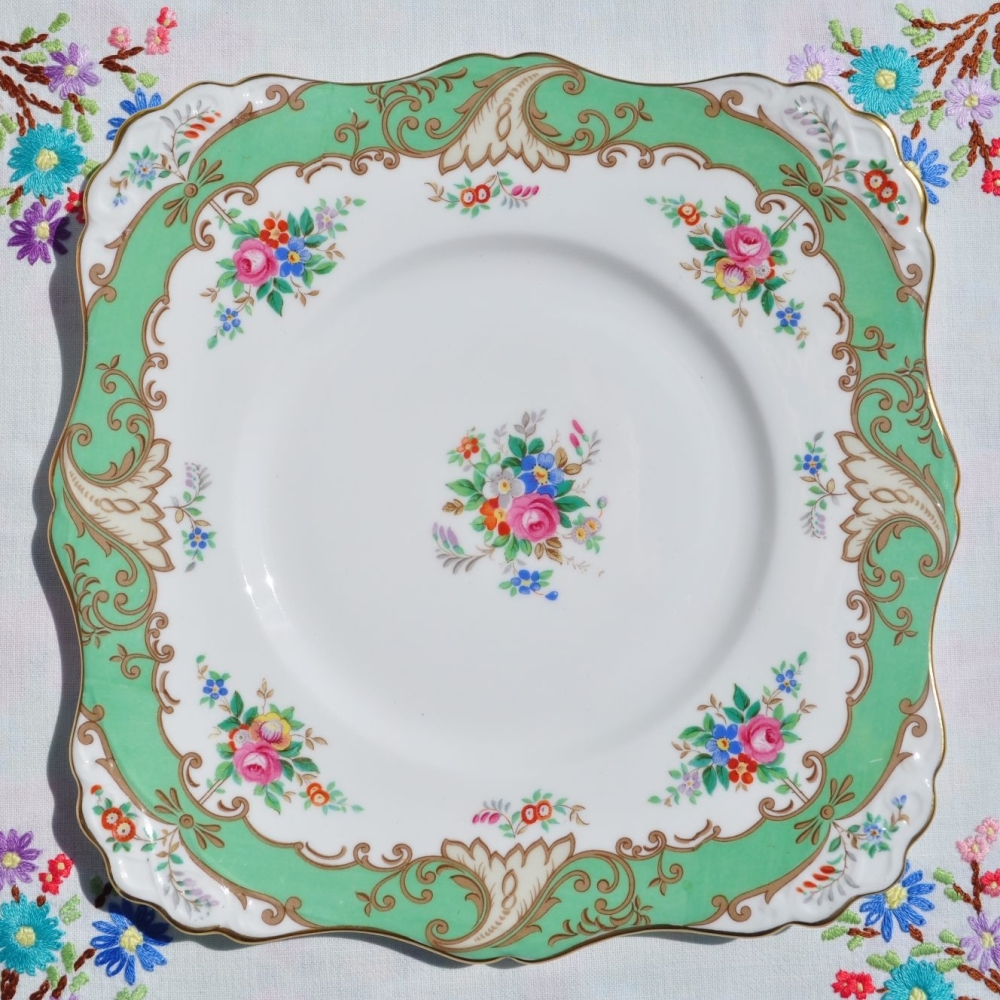 Tuscan Floral Green Border Cake Plate
