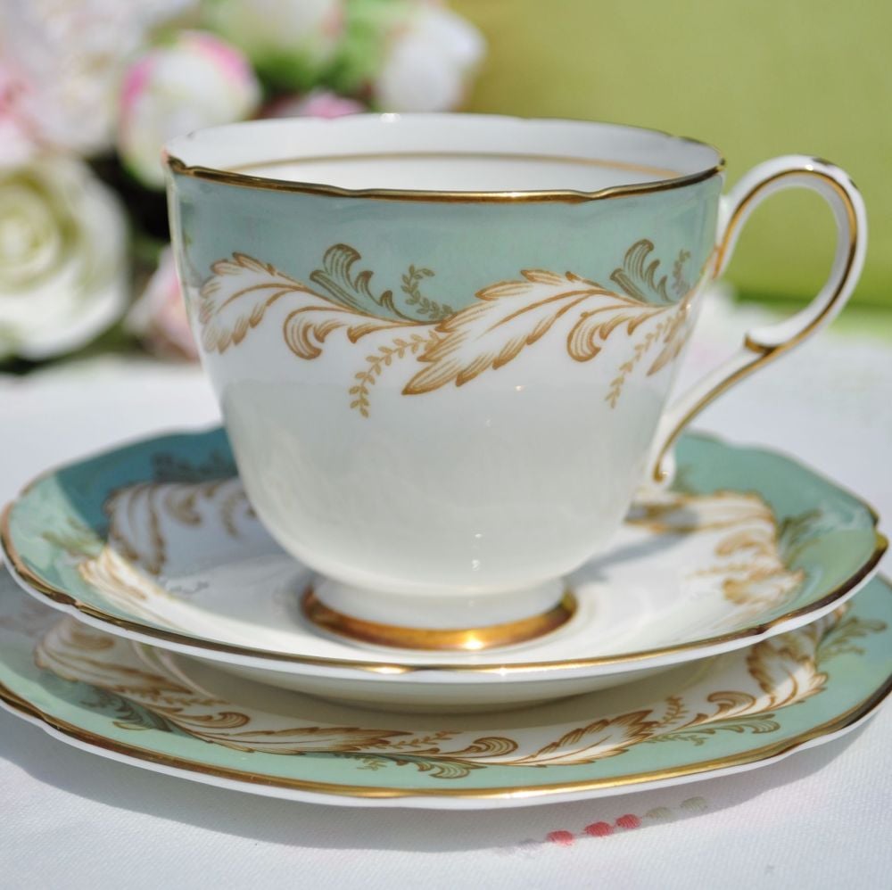 Paragon Duck Egg Green and Gold Vintage China Teacup Trio c.1957+