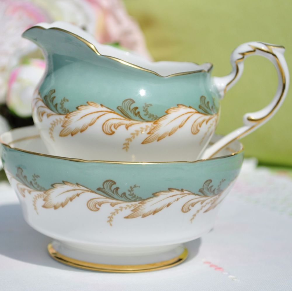 Paragon Duck Egg Green and Gold Milk Jug and Sugar Bowl c.1957+