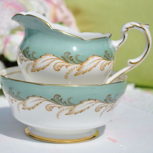Paragon Duck Egg Green and Gold Milk Jug and Sugar Bowl c.1957+