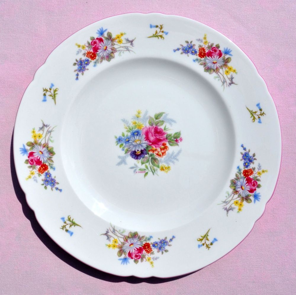 Shelley Pink Rim Floral Bone China Luncheon Plate c.1930s