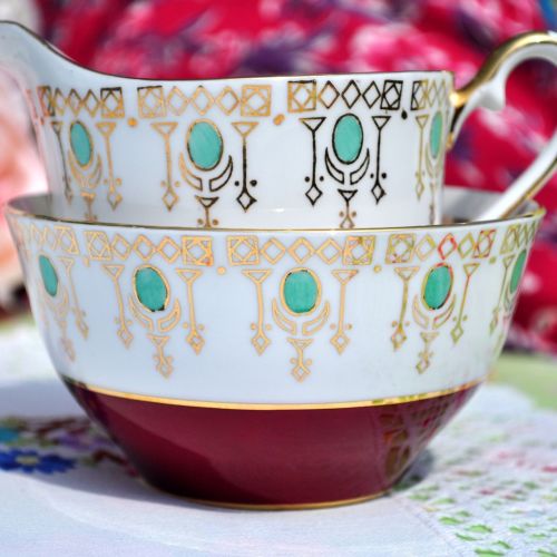 Windsor Retro Red,Gold and Green Milk Jug and Sugar Bowl c.1946+