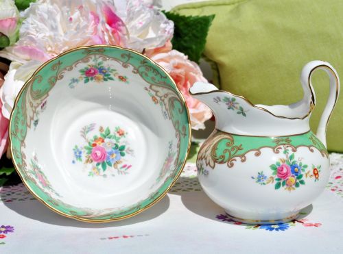 Tuscan Floral Green Border Milk Jug and Sugar Bowl c.1936+