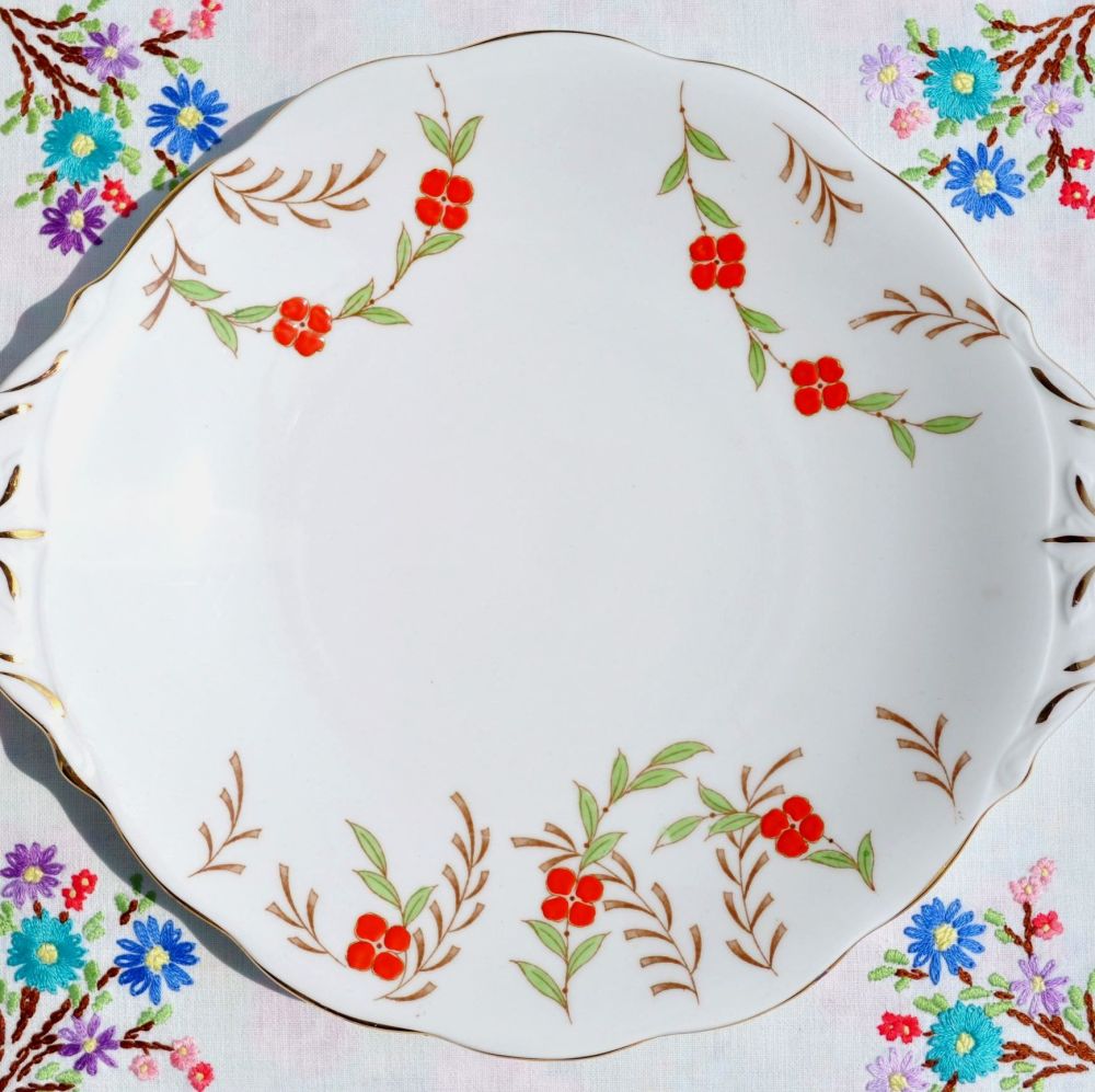 Queen Anne Hand Painted Orange Floral Cake Plate