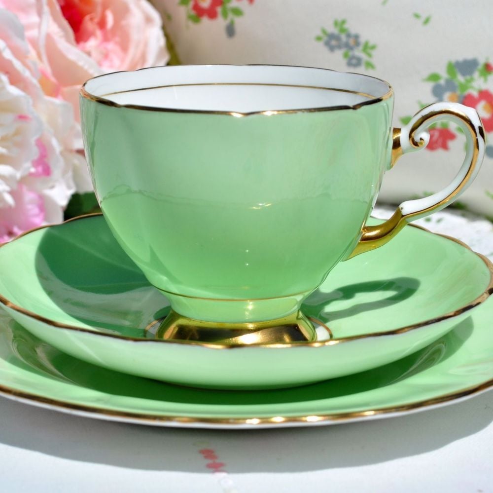 Tuscan Pale Green and Gold Vintage Teacup Trio c.1936+