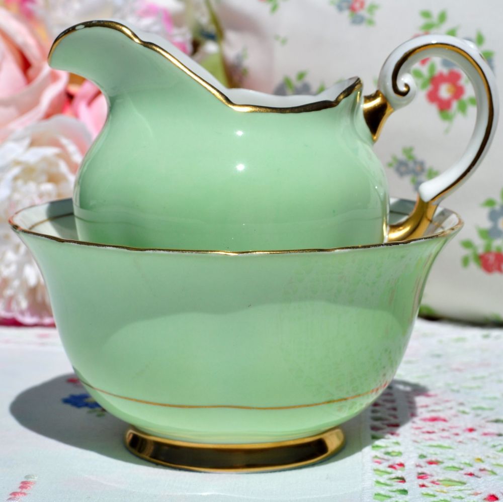 Tuscan Pale Green and Gold Milk Jug and Sugar Bowl c.1936+