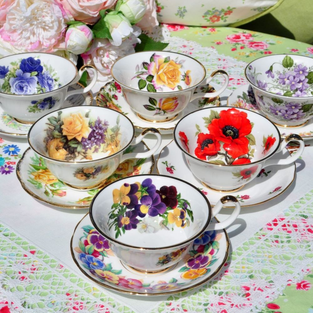 Mismatched Sheltonian Vibrant Floral China Teacups and Saucers