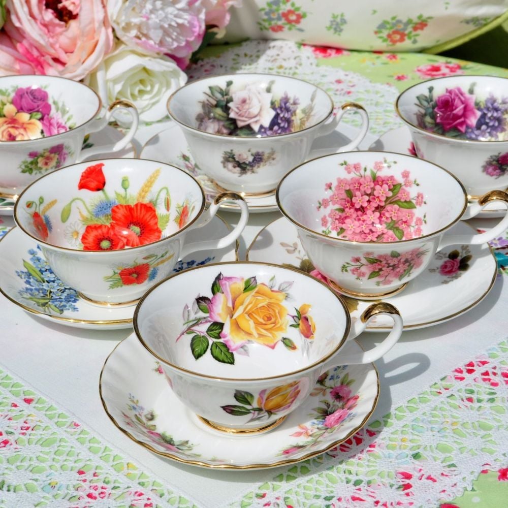 Eclectic Sheltonian Floral China Teacups and Saucers