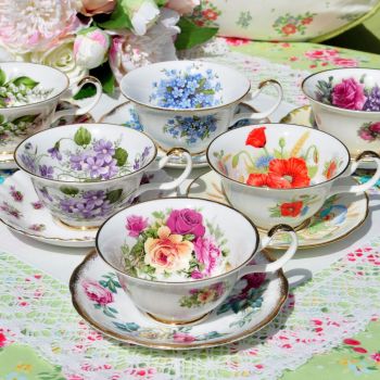 Sheltonian Eclectic English Floral China Teacups and Saucers