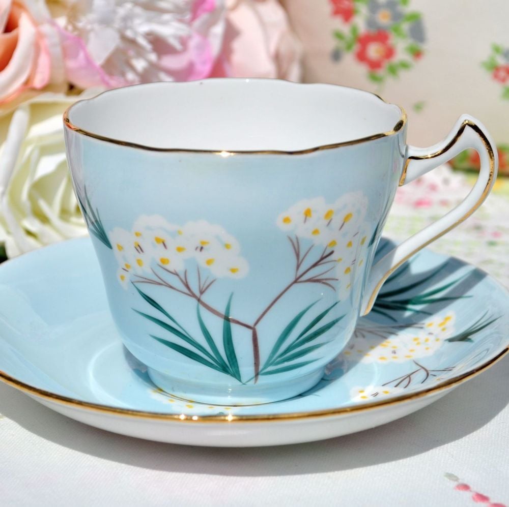 Royal Grafton Pale Blue Floral Teacup and Saucer. c.1950s