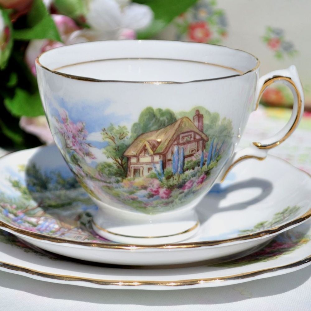 Royal Vale Homestead Pattern Vintage China Teacup Trio c.1950s