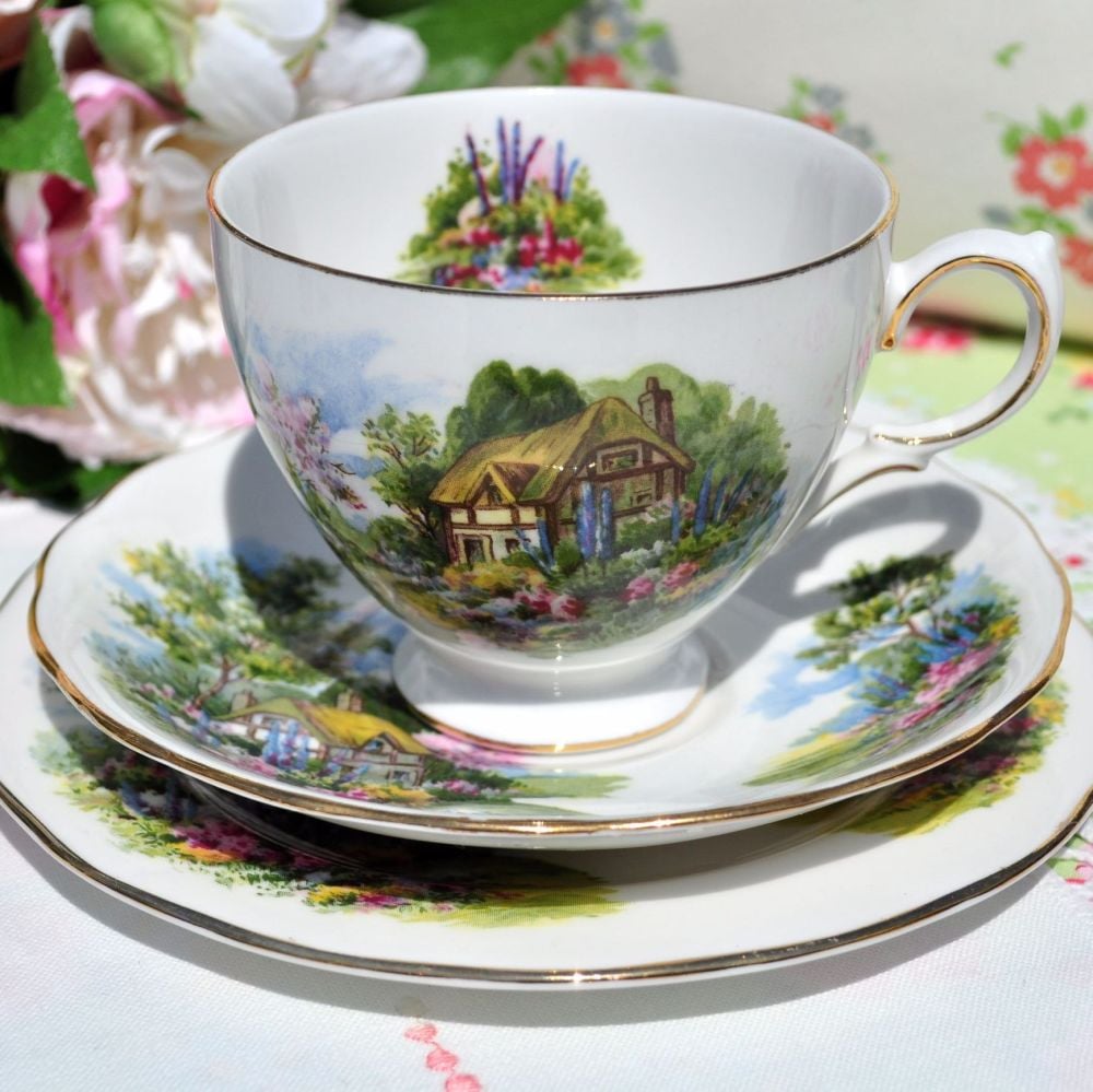 Royal Vale Country Cottage Pattern Vintage China Teacup Trio c.1960s