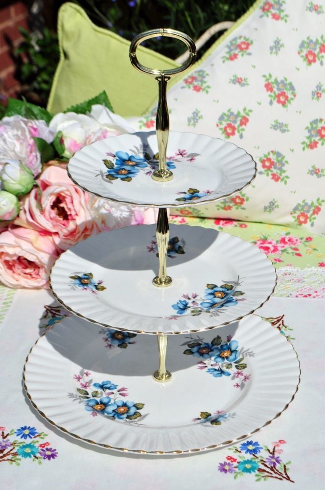 Royal Imperial Blue Wild Rose 3 Tier Cake Stand