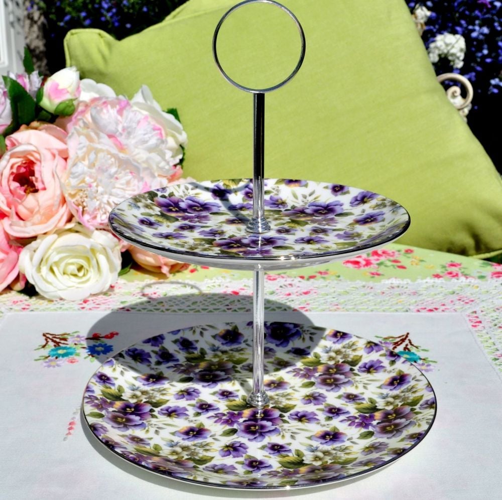 Sheltonian China Purple Pansies 2 Tier Cake Stand