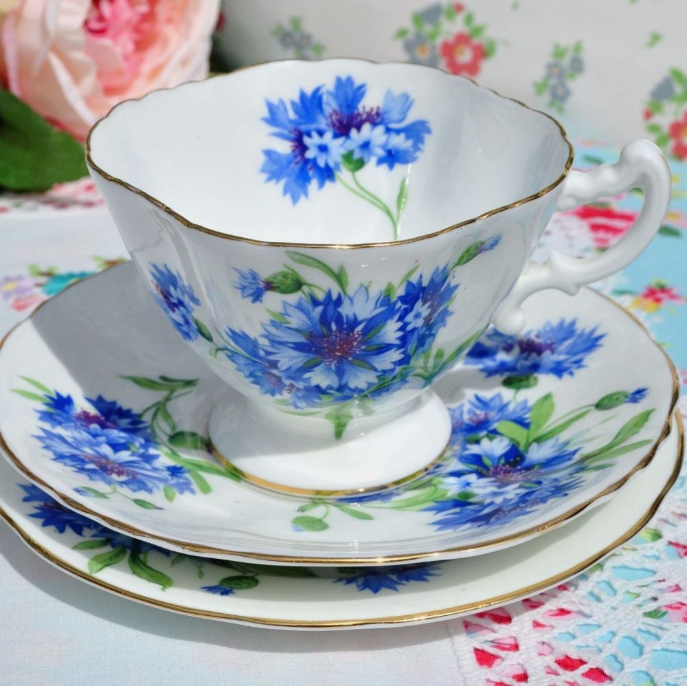 Hammersley Blue Cornflower Teacup Trio c.1940s