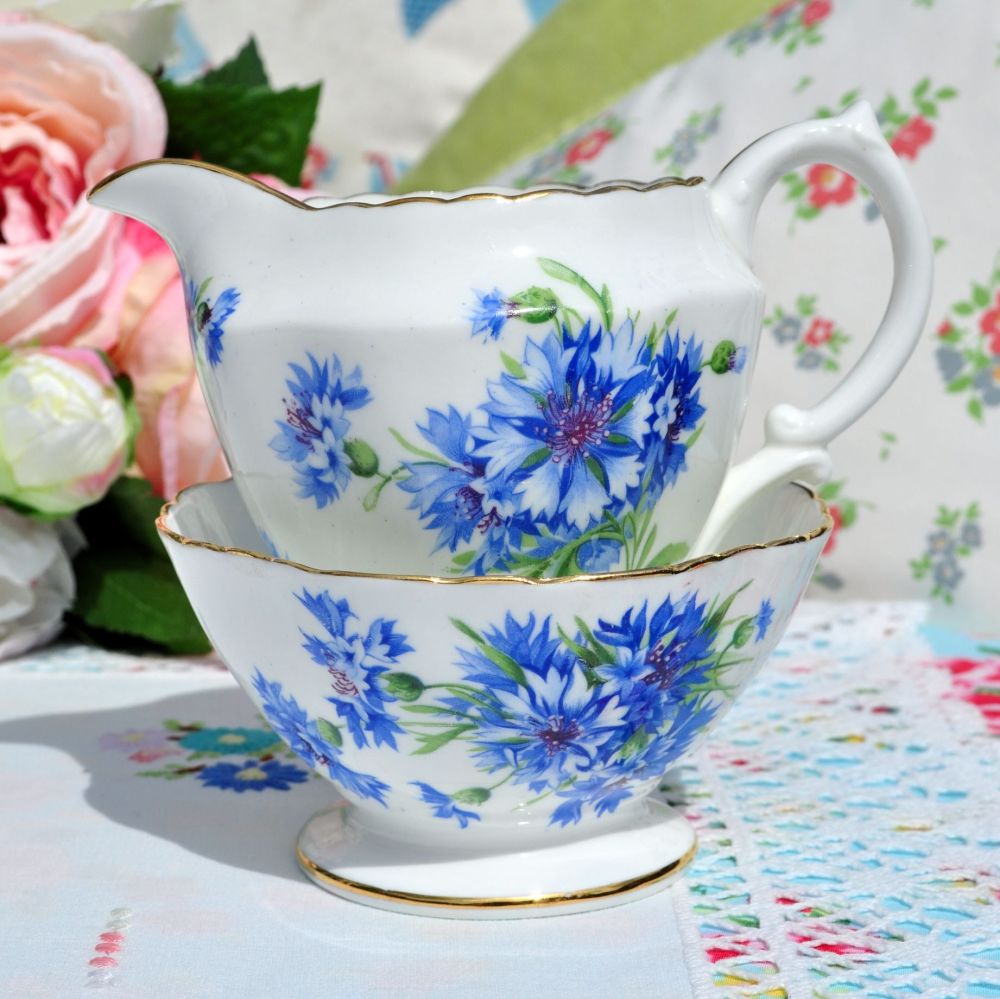 Hammersley Blue Cornflower Milk Jug and Sugar Bowl c.1940s